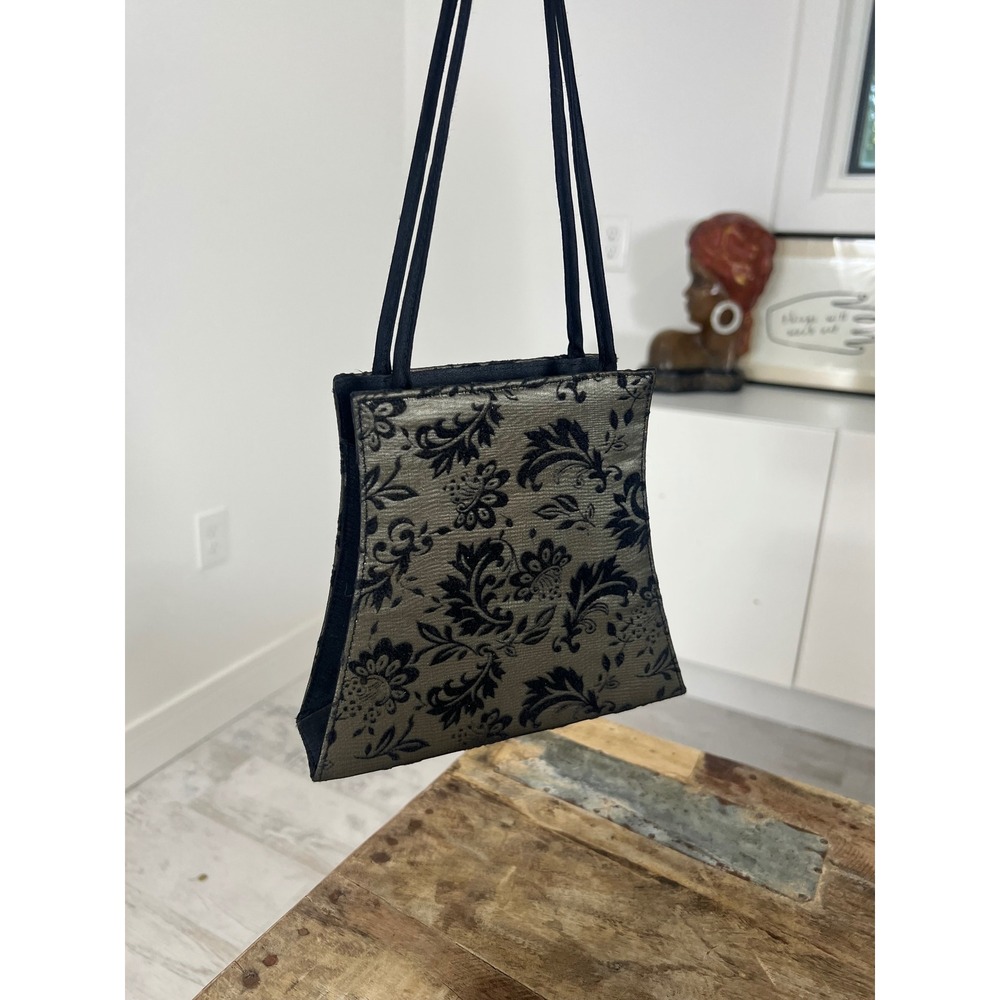 Sharif Vintage Black Velvet Burnout Floral Damask Gold Metallic Evening Bag